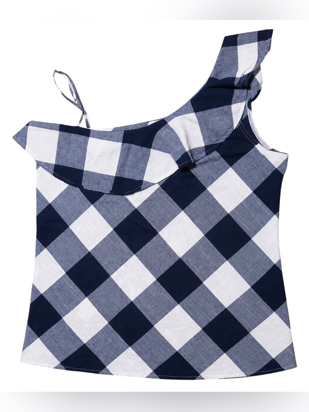 Charming Charlie’s Navy & White Buffalo Plaid One-Shoulder Ruffle Top Size Large
